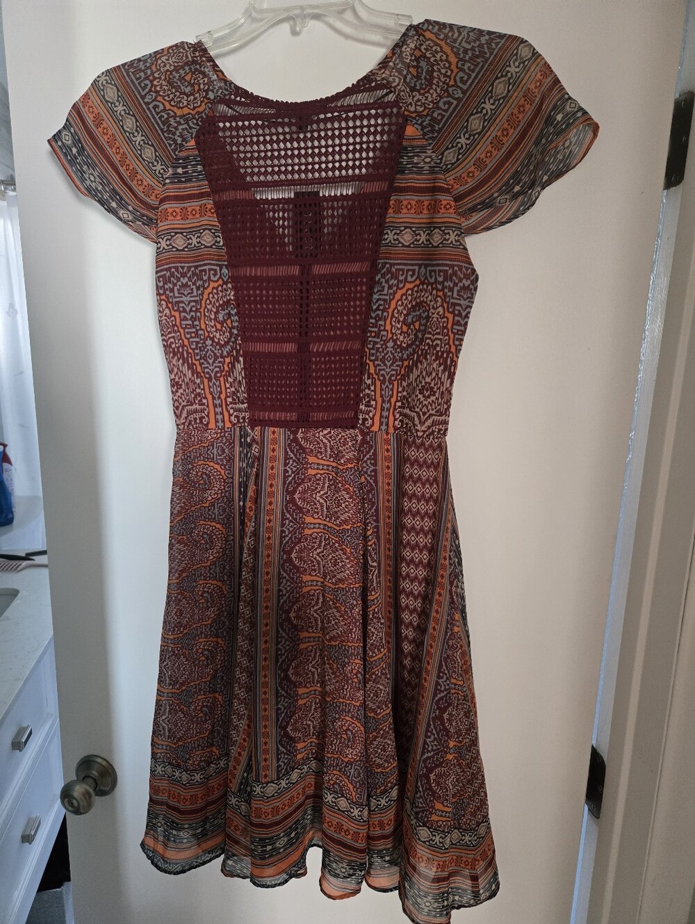 Miss Me Boho Paisley Mesh-Detail Women’s Dress in Maroon and Orange